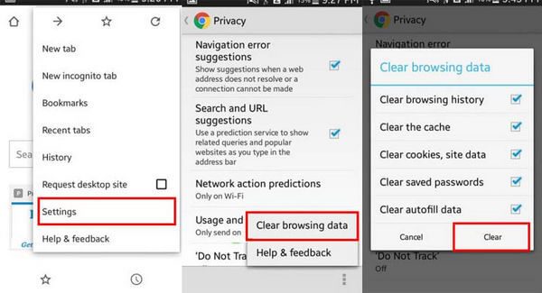 Screenshot showing how to clear your browsing data on an Android device