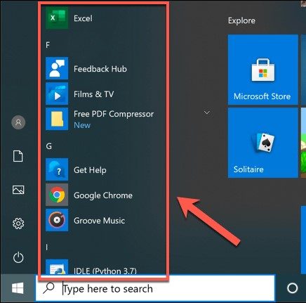 A screenshot of the Windows 10 Start menu highlighting the program shortcuts.