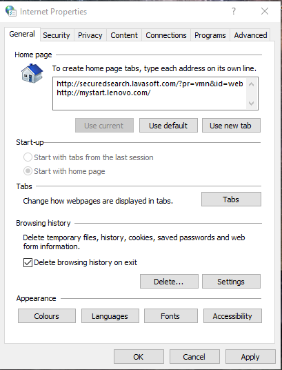 The menu and settings for the Internet Properties settings on Windows OS. 