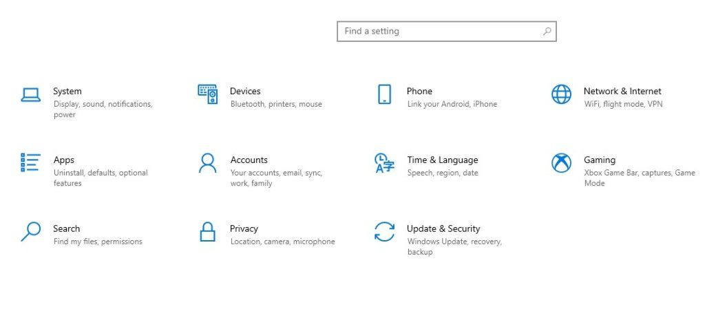 A screenshot of the settings menu on Windows 10.