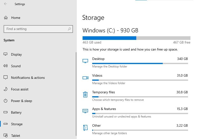 A screenshot of the Storage settings in Windows 10.