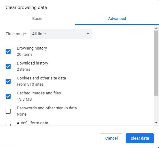 A screenshot of the advanced browser settings and where to clear browsing data.