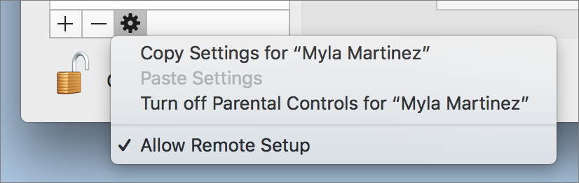 A screenshot of the right-click menu/option for allowing remote setup for macOS parental controls.
