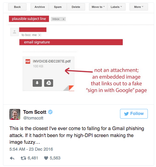 A screenshot of a phishing scam that targets gmail. The image includes a screenshot of the fake PDF attachment and a tweet of how the victim knew it was a scam