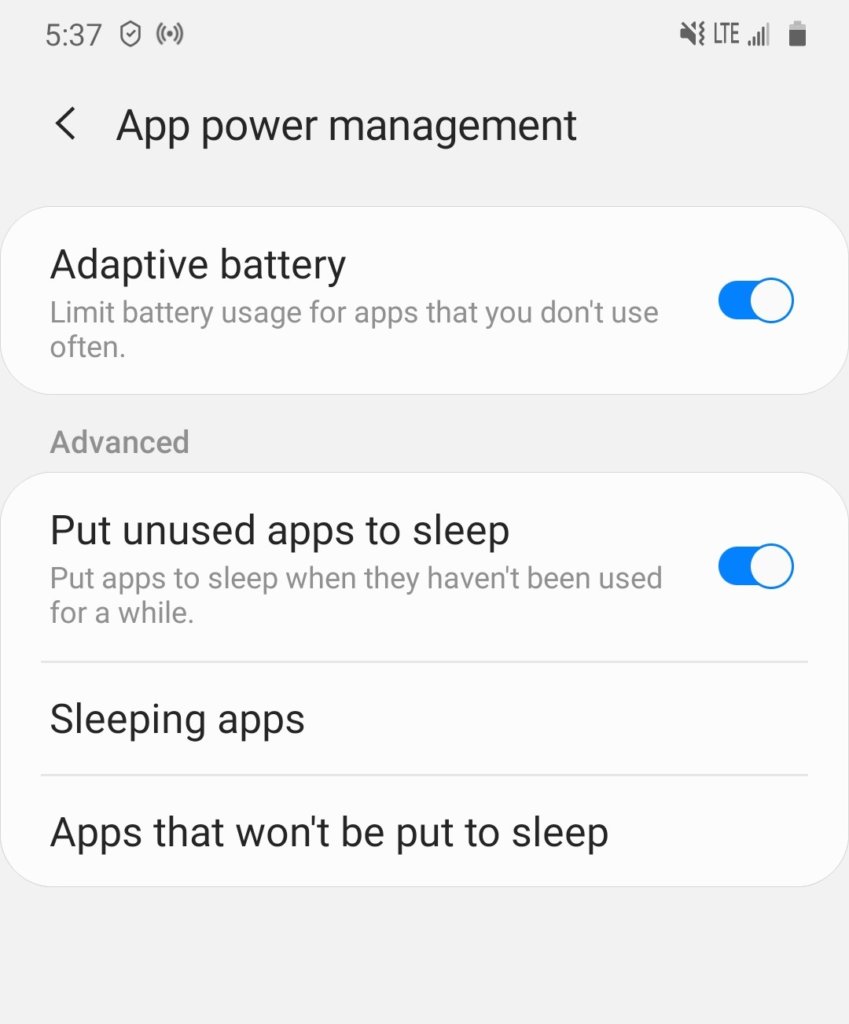 A screenshot of an Android app power management screen.