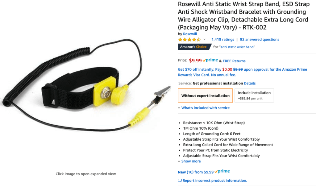A screenshot of an antistatic wristband for sale on Amazon