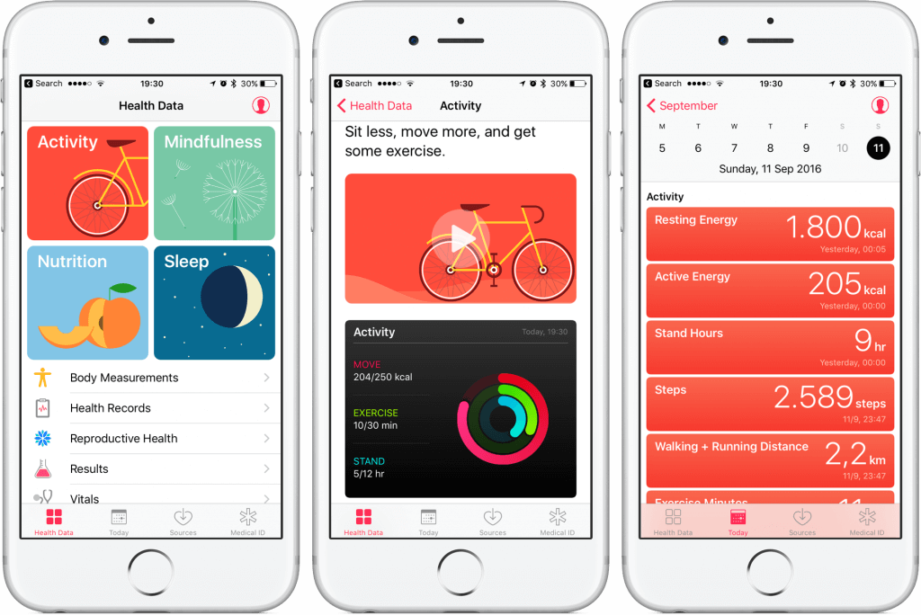 A screenshot of Apple Health and its Dashboard which includes workout and health stats.