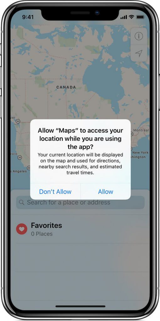 A screenshot of a mobile phone with Apple Maps asking for user permission to track the device's location.