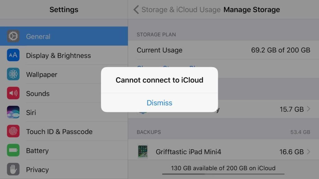 An image of the error message, "Cannot connect to iCloud"