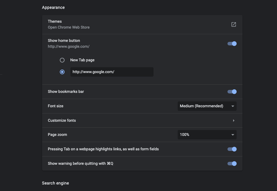 A screenshot of Google Chrome settings and adjusting the appearance and homepage settings.