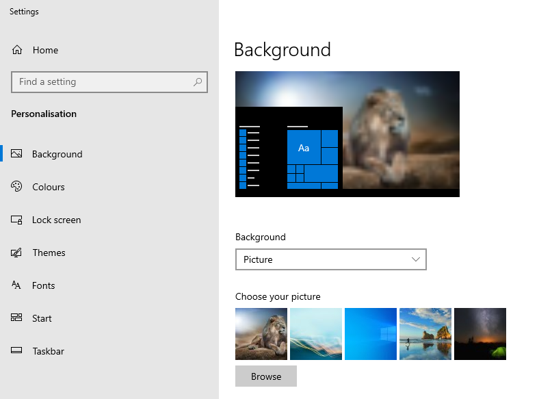 A screenshot of the background settings in Windows 10. 