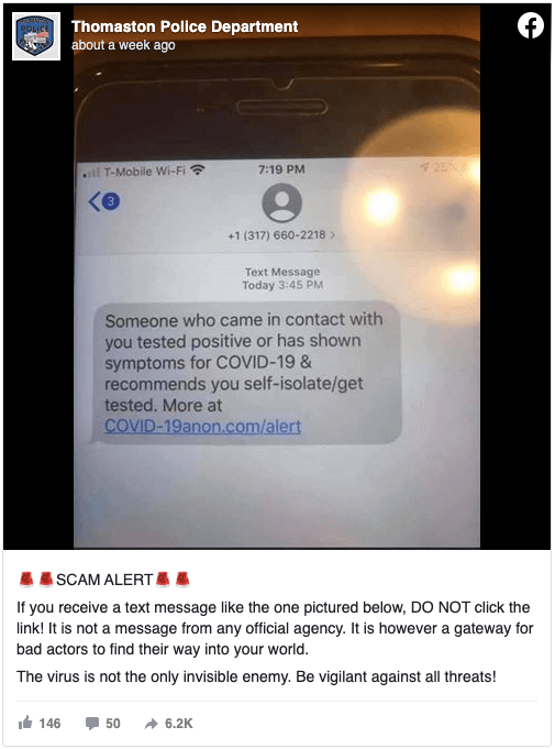 A screenshot of the coronavirus infection texting scam (smishing).