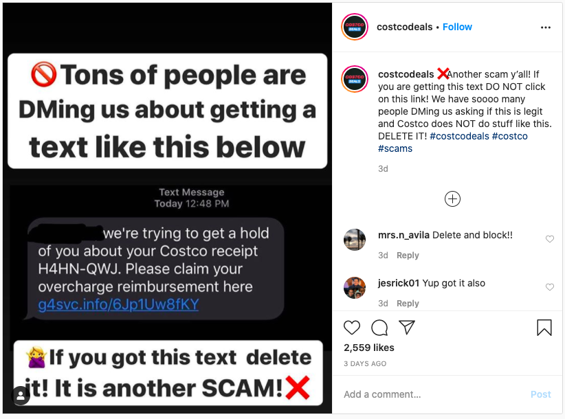 A screenshot of the Costco's Instagram notifying users that this is a scam.