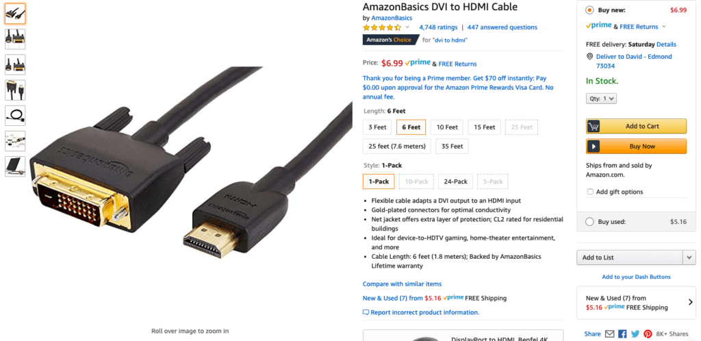 A screenshot of an Amazon product, DVI to HDMI cable
