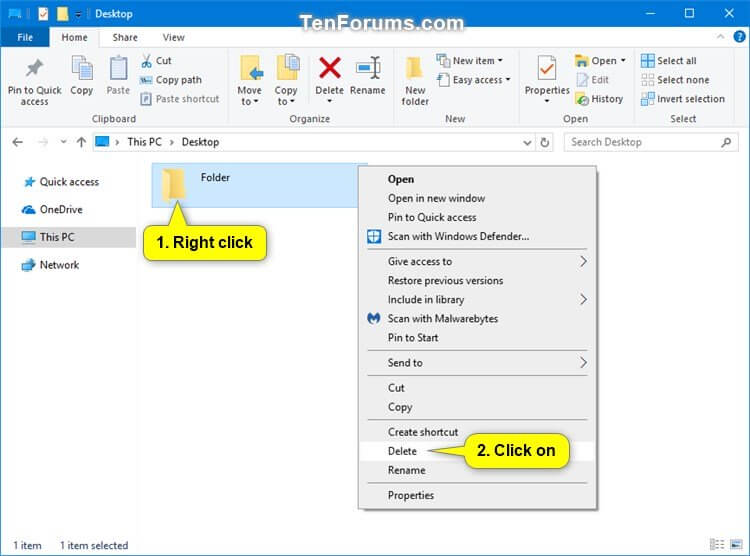 A screenshot of a right mouse click on a folder in Windows 10, showing the option to delete