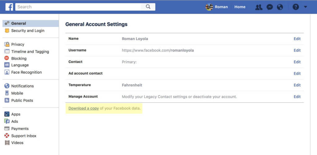 A screenshot of Facebook account settings and where to download a copy of your Facebook data. 