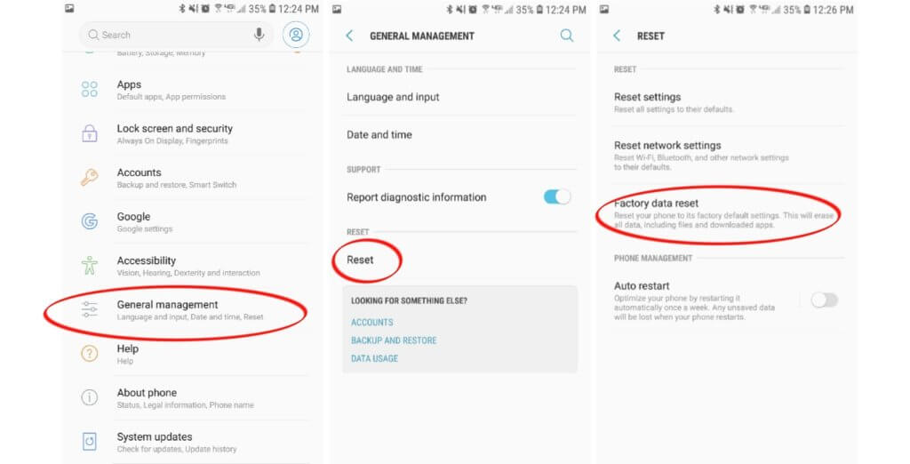 Screenshots on how to find settings to reset your Samsung phone