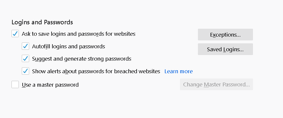 A screenshot of the password settings in Firefox browser. 