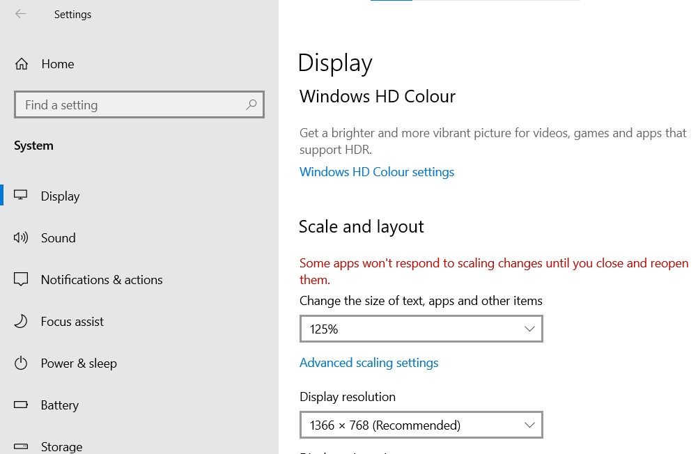 A screenshot of the Display settings in Windows 10.