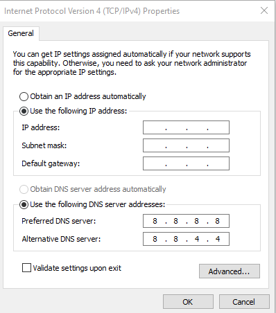 A screenshot of the general settings in Internet protocol version 4.