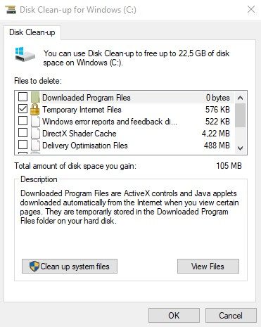 A screenshot of the Disk Clean-Up menu in Windows 10 OS settings.