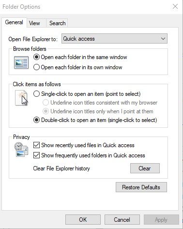 A screenshot of the Folder Options in Windows 10 OS settings.