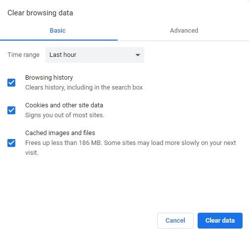 A screenshot of the Clear Browser Data settings in Google Chrome.