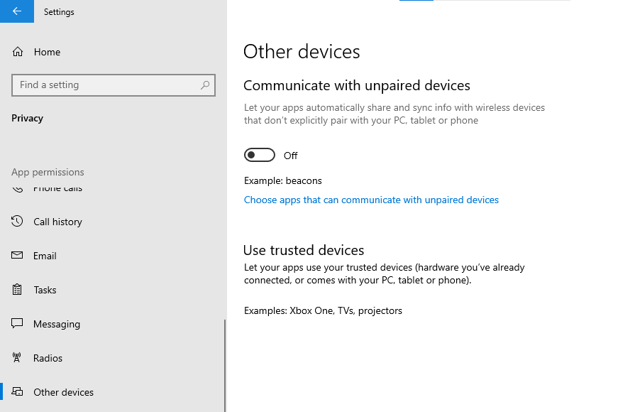 A screenshot of the Windows 10 'Other Devices' settings. 