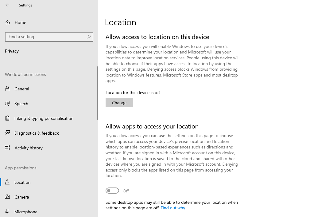 A screenshot of the Windows 10 'Location' settings.