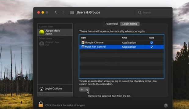 A screenshot of the Users and Groups settings in macOS.