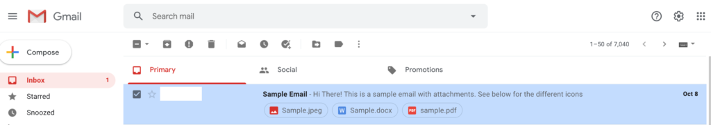 A screenshot of the Gmail inbox showing an email in the inbox WITH an attachment as an example.