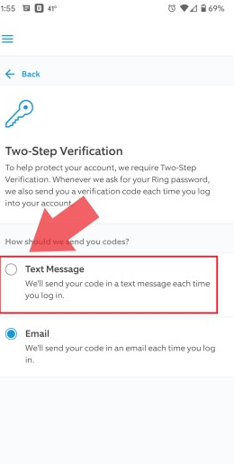 A screenshot of the Two-Step Verification settings in the Ring App. 