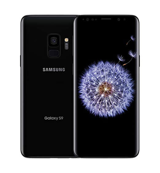 A black Samsung Galaxy S9 showing both the back of the phone and the screen that has a dandelion with its spores on it.