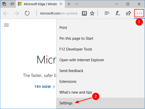 A screenshot of the Microsoft Edge menu and the Settings highlighted. 