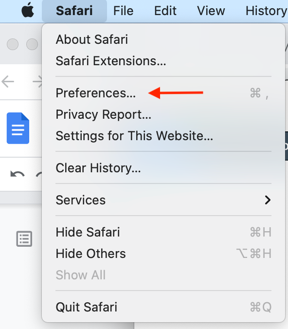 A screenshot of Safari settings and preferences. 