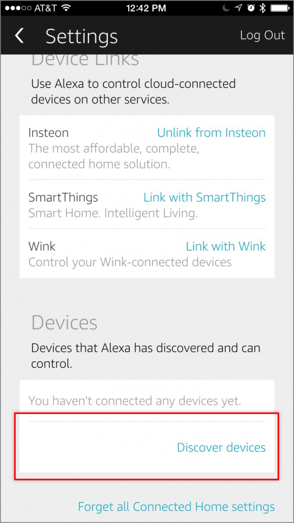 A screenshot of Amazon Echo settings and what to click in order to discover a new device to add