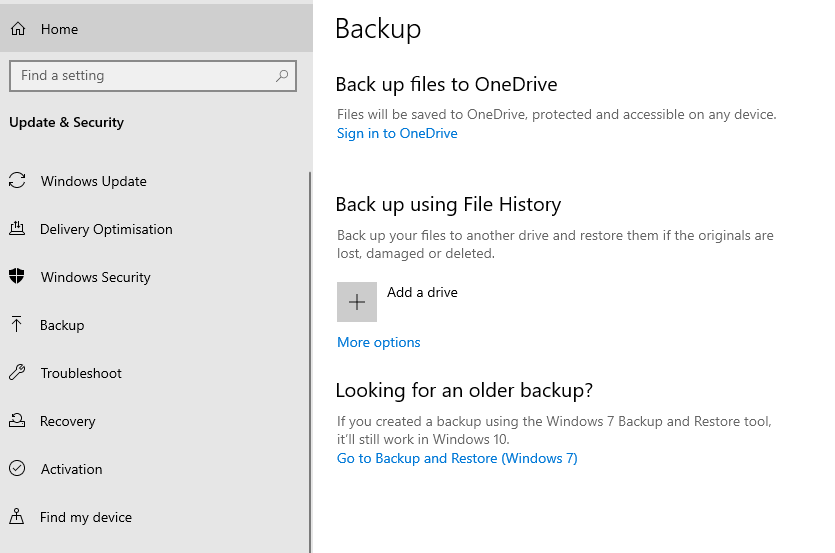 A screenshot of the Windows 10 Backup settings.