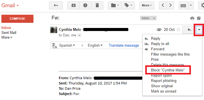 A screenshot of an email in Gmail that shows the function of blocking a sender or contact