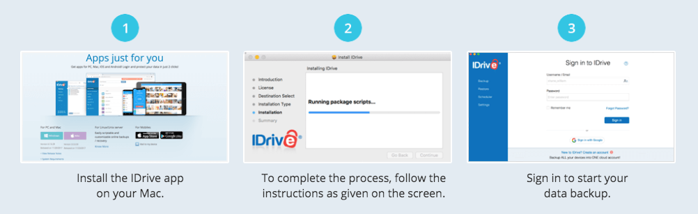 A three step guide to installing the iDrive app using screenshots.