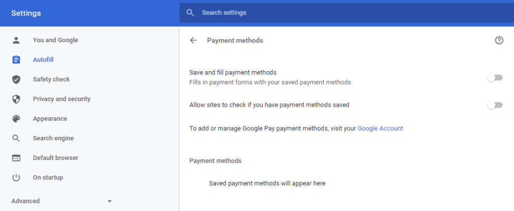 A screenshot of the Autofill settings on Google Chrome.