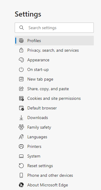 A screenshot of the Edge settings menu on Edge.