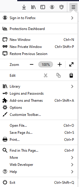 A screenshot of the menu on Firefox. 