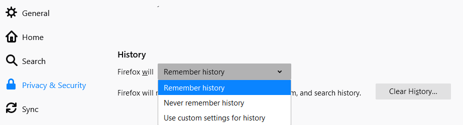 A screenshot of the History settings for forms on Firefox. 