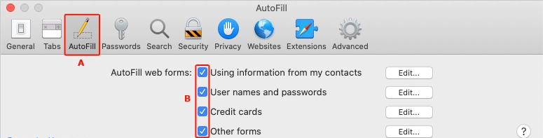 A screenshot of the Safari autofill settings. 