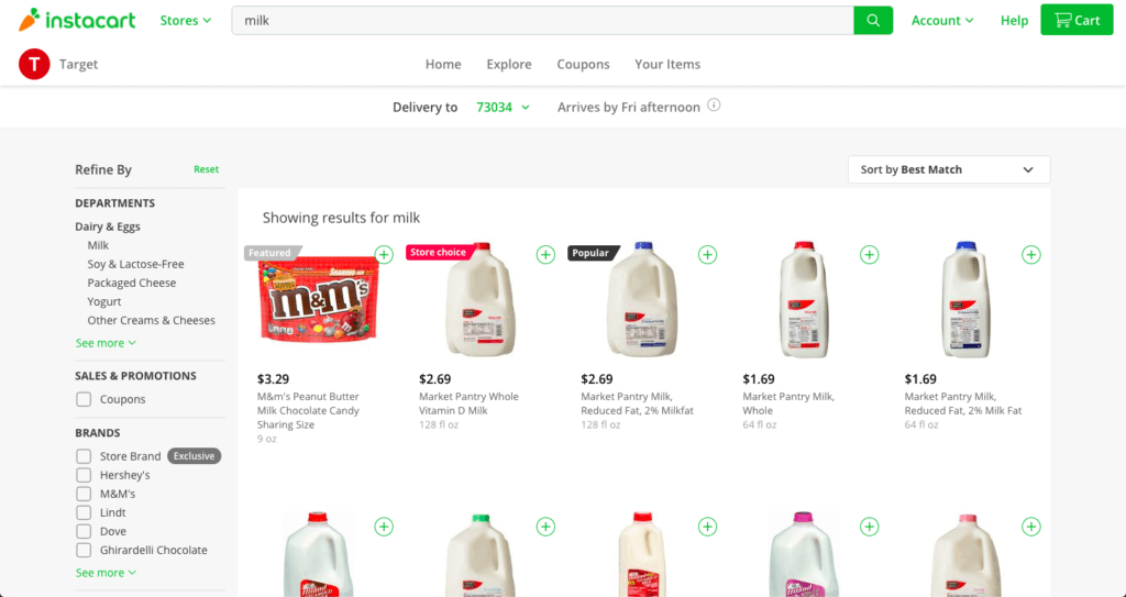 A screenshot on the Instacart homepage shopping a local Target.