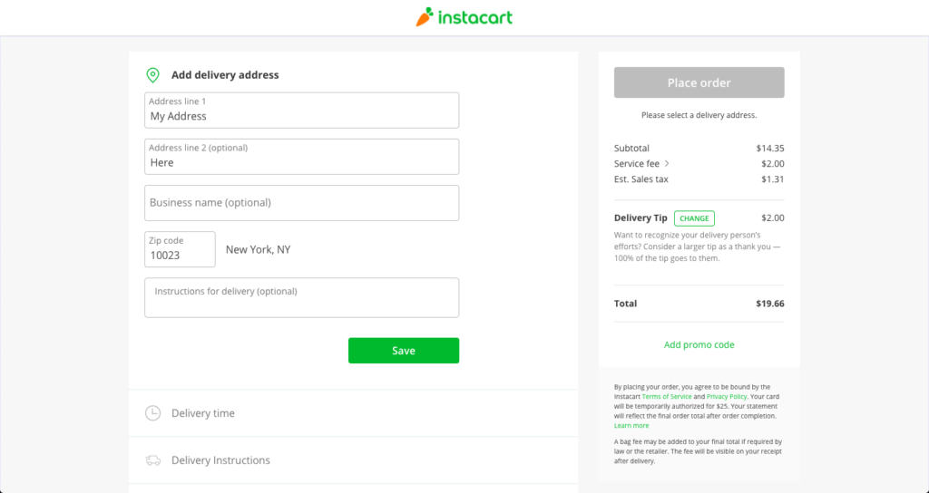 A screenshot of the Instacart checkout page.