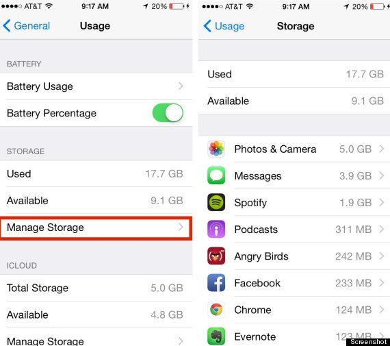 A screenshot of the iPhone's, "Manage Storage" setting.