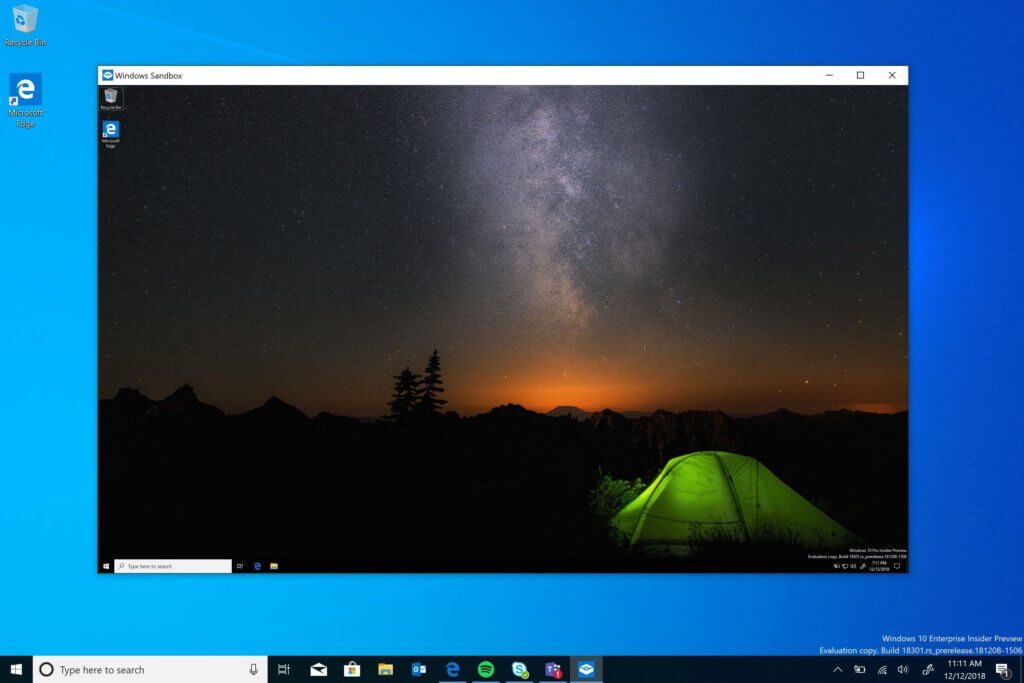 A screenshot of the new sandbox with Windows 10 latest update in May 2019