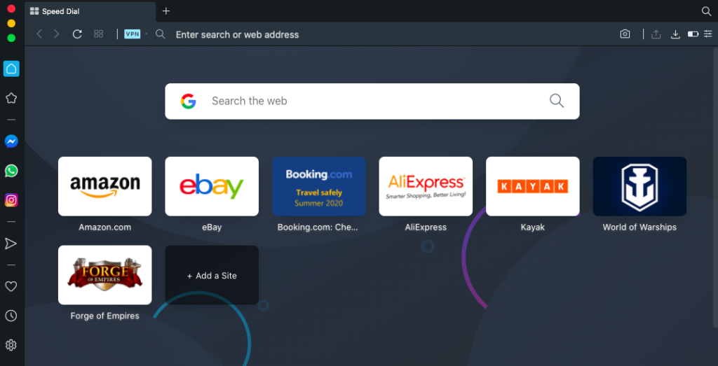 A screenshot of the Opera browser start page. 