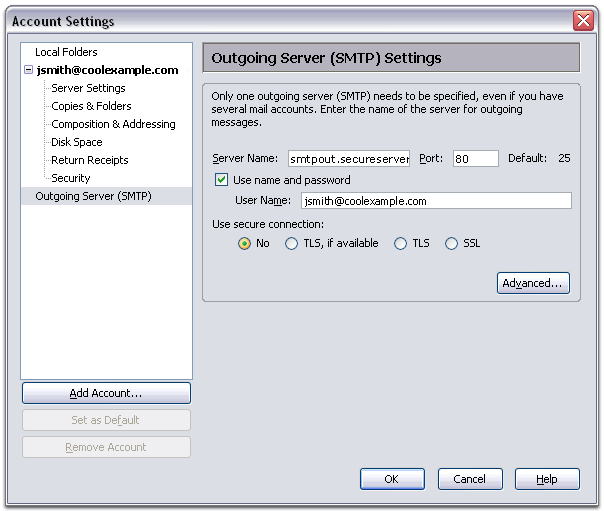A screenshot of the account settings for Outgoing Server SMTP Settings